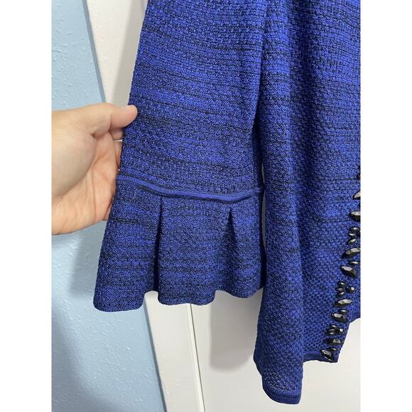 Ming Wang Cardigan Sweater XS Blue Beaded Ruffled 3/4 Sleeves Bling Twee NWT - Picture 3 of 7
